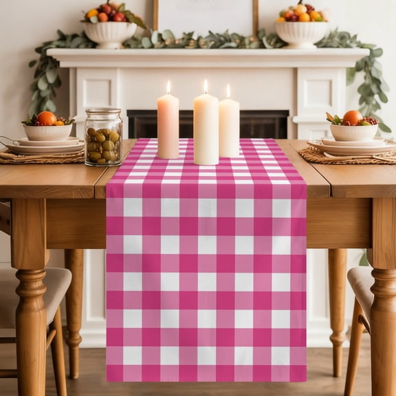 Hot Pink Checks Dining Table Runner, Gingham Plaid Abstract Modern Minimalist Washable Table Runners Kitchen Coffee Table Center Decor for Home Party Holiday Wedding 13 x 36 Inches