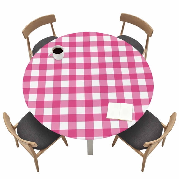 Hot Pink Checks Round Fitted Table Cover Gingham Plaid Abstract Modern Minimalist Waterproof Table Cloth with Elastic Edge Wipeable Tablecloth for Picnic Camping Party Fits 36"-44" Tables