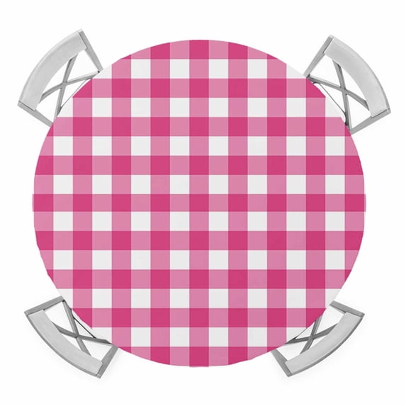 Hot Pink Checks Round Table Cover, Gingham Plaid Abstract Modern Minimalist Waterproof Fitted Tablecloths for 55"-60" Tables, Washable Picnic Table Cover for Camping Dining Indoor Outdoor