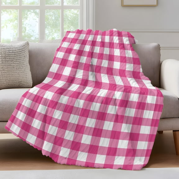 Hot Pink Checks Throw Blanket for Couch Gingham Plaid Abstract Modern Minimalist Soft and Warm Flannel 3D Striped Fluffy Fuzzy Fleece Blanket Lightweight Throw for Bed, Sofa 30 x 40 Inches