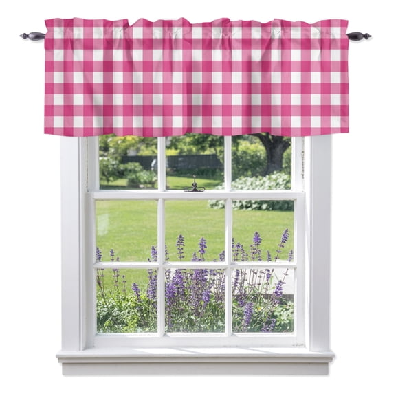 Hot Pink Checks Valances for Windows, Gingham Plaid Abstract Modern Minimalist Valance Window Treatment Rod Pocket Short Curtains Valances for Kitchen Bathroom 54"W x 18"L