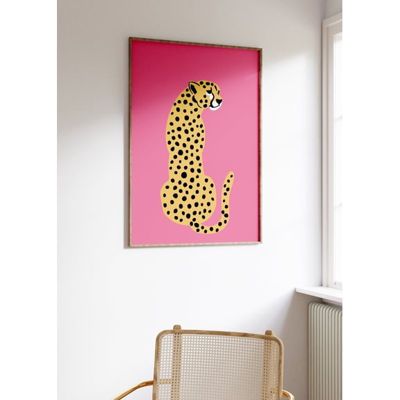 Hot Pink Cheetah Minimal Animal Wall Art Boho Decor, Unframed Paper Print Size 8x12