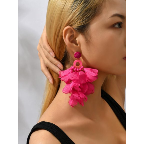 Hot Pink Chiffon Floral Layered Dangle Earrings For Women