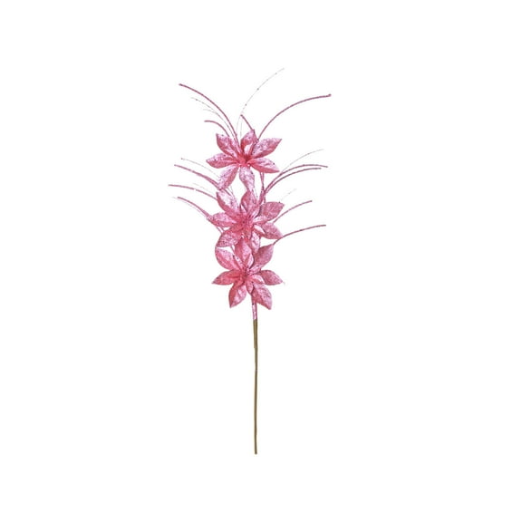 Hot Pink Christmas Long Cuttings Three Flower Branch Decorations With Gold Powder Berry Sequins Ball Branches Party Arrangement 32 Inch 1Pc 0.15 Lb