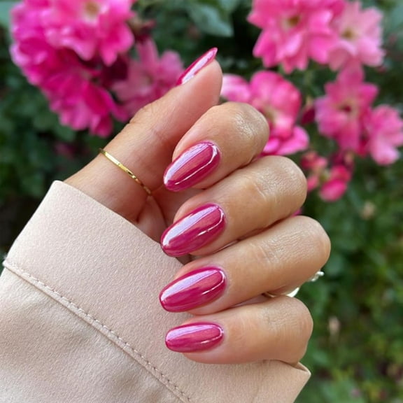 Hot Pink Chrome Press on Nails Medium Oval Fake Nails Full Cover, Hot Pink Aurora Press on Nails Medium Round,Metallic Fake Nails With Design,Plating Holographic Chrome Nails Glue on Acrylic