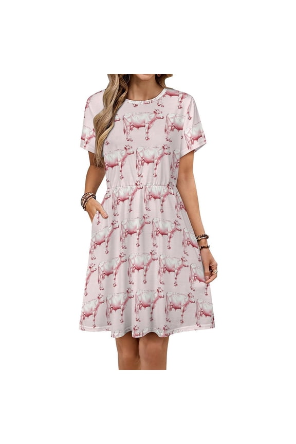 Hot Pink Cow Sundress Short Sleeve Dress Summer Women Clothes Dress for Women Dresses
