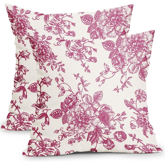 Hot Pink and Cream Floral Pillow Covers 16x16 Inch Set of 2 Vintage Floral Throw Pillow Covers Chinoiserie Flower Pillowcases Rustic Farmhouse Cotton Linen Cushion Covers for Couch Bed Sofa Decor