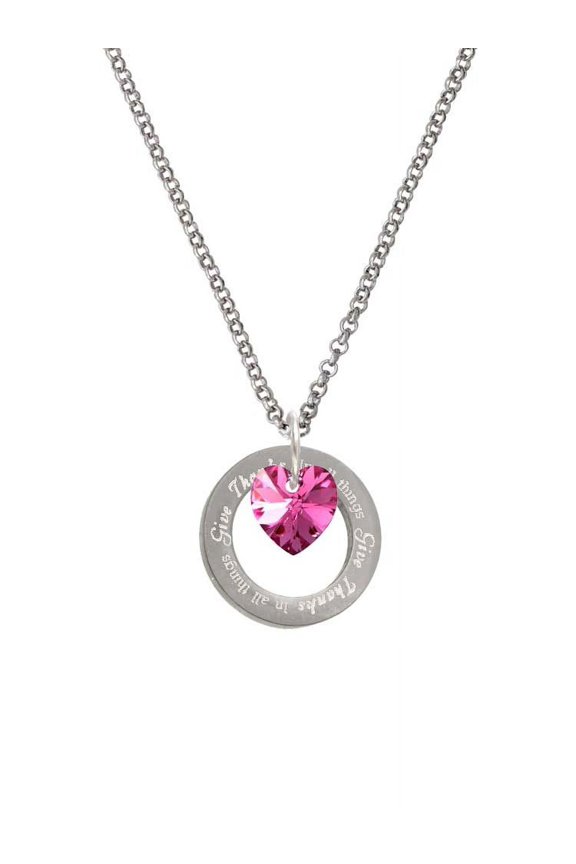 Hot Pink Crystal Heart In All Things Give Thanks Affirmation Ring Necklace