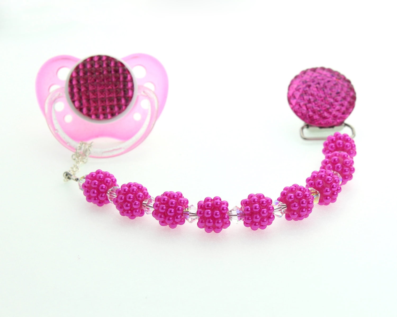 Hot Pink Crystal and Bumpy Pearl Pacifier Clip