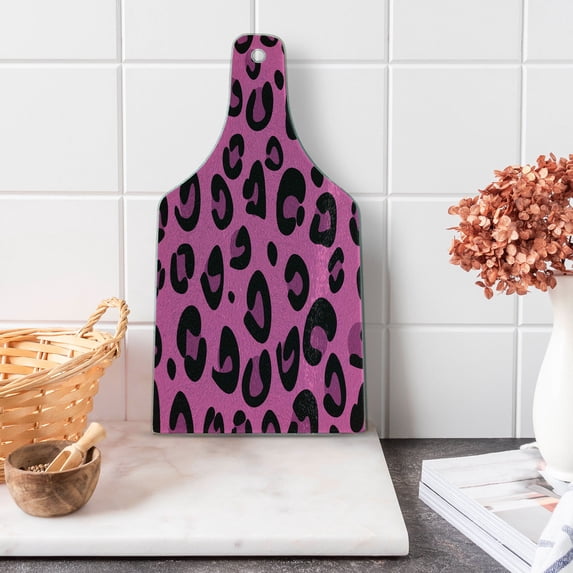 Hot Pink Cutting Board, Leopard Animal Skin Pattern in Abstract Style Wild Safari Jungle Theme, Tempered Glass Cutting and Serving Board, Wine Bottle Shape, Fuchsia Black Pink, by Ambesonne