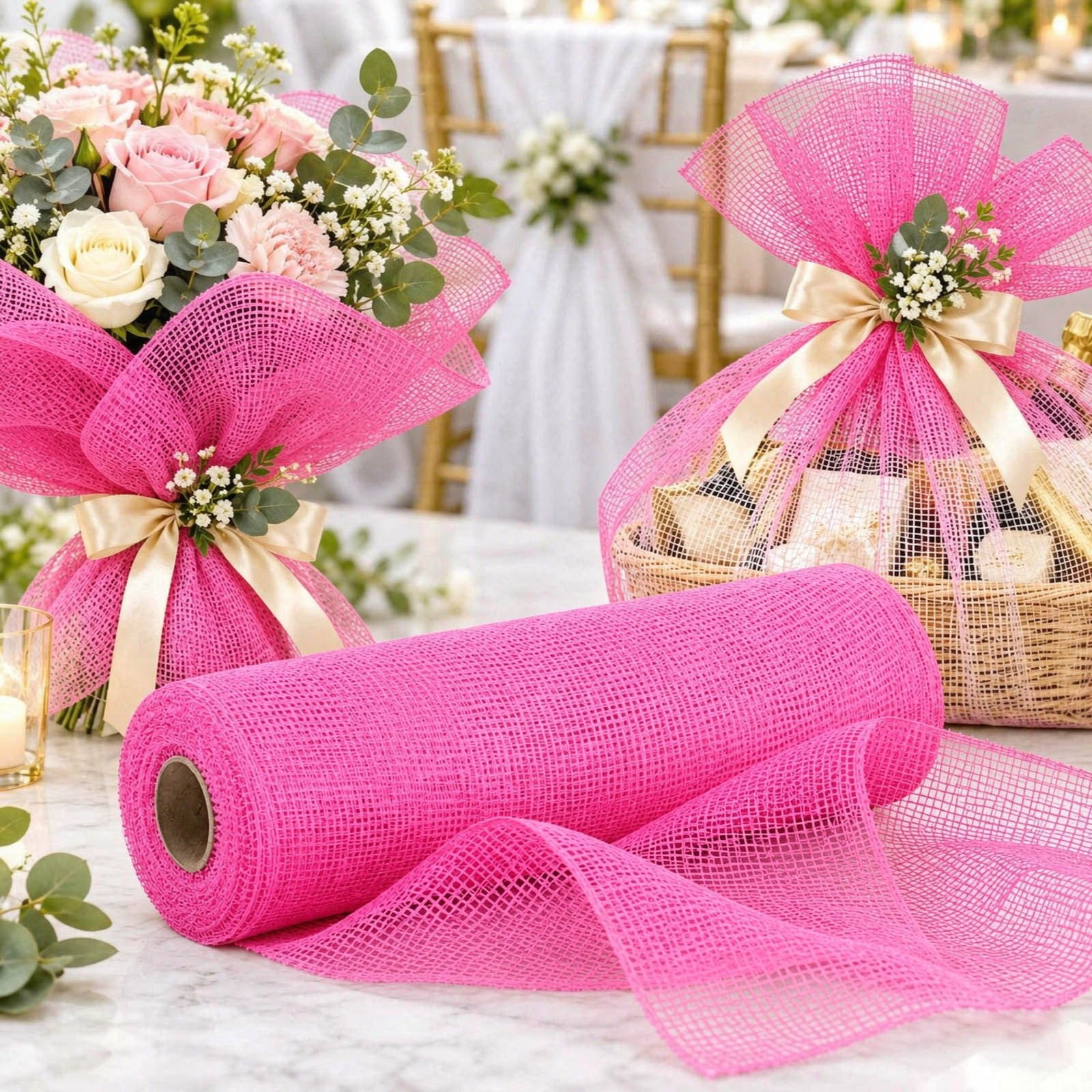 Hot Pink Deco Mesh Ribbon Roll, 10 Yards 10 Inch Wide PP Mesh Fabric ...