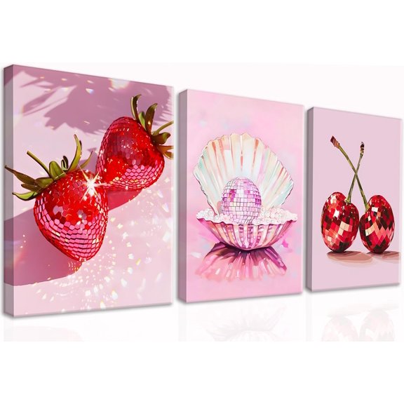 Hot Pink Disco Canvas Wall Art Set of 3, Trendy Strawberries Cherries Fruit Wall Decor Paintings, Funky Preppy Cute Seashell Posters Prints Pictures for Girl Dorm Bedroom 12x16 Inch Framed