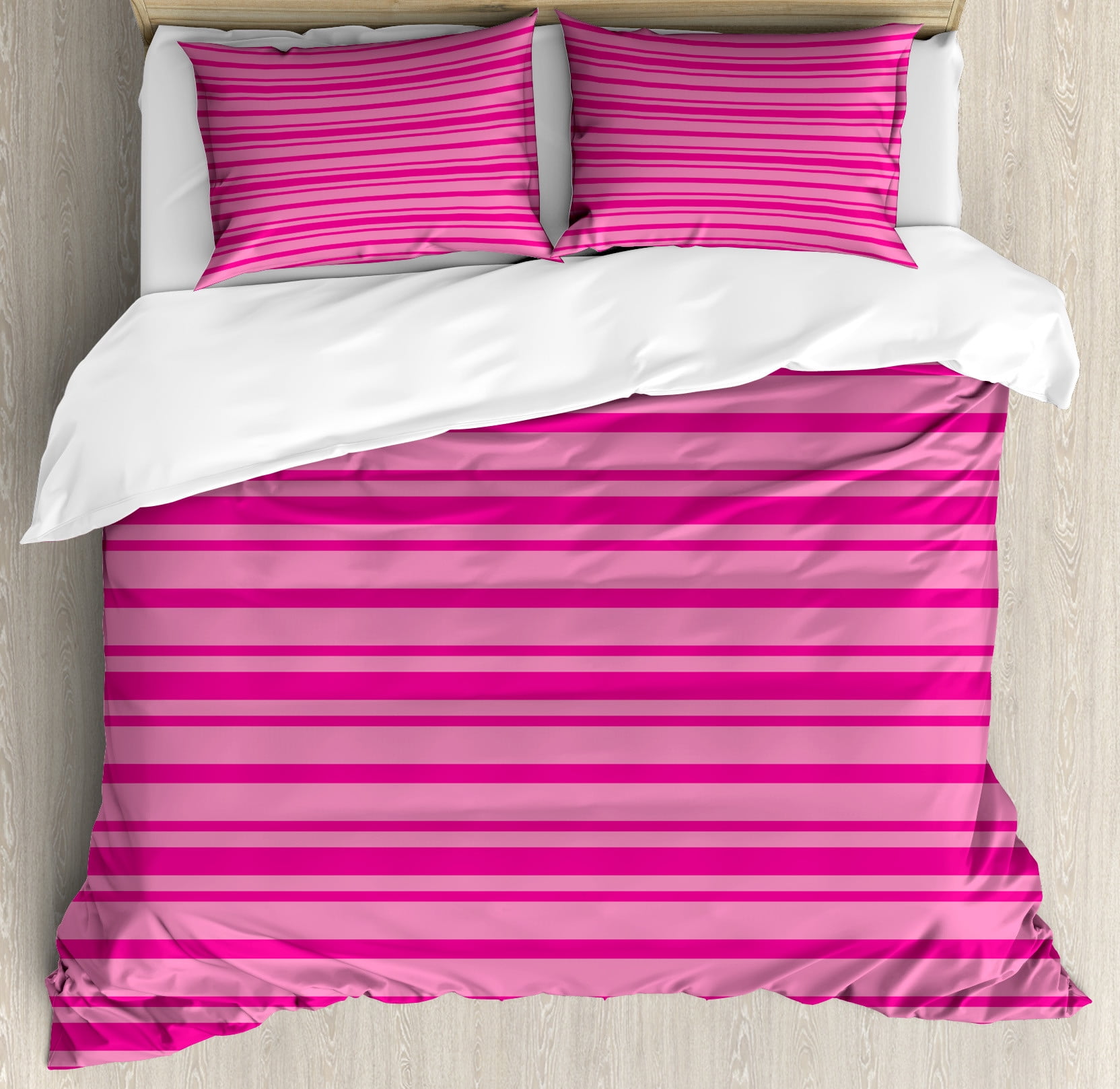 Hot Pink Duvet Cover Set, Horizontal Bold and Thin Stripes in Pink