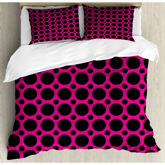 Hot Pink Duvet Cover Set King Size, Big and Small Dots Spots in Symmetrical Order Old Fashioned Vibrant Design, Decorative 3 Piece Bedding Set with 2 Pillow Shams, Hot Pink Black, by Ambesonne