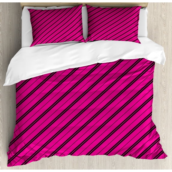 Hot Pink Duvet Cover Set King Size, Diagonal Lines Black Stripes on Pink Backdrop Classical Modern Tile Pattern, Decorative 3 Piece Bedding Set with 2 Pillow Shams, Hot Pink Black, by Ambesonne