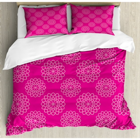 Hot Pink Duvet Cover Set King Size, Geometrical Abstract Flower Motifs Garden Meadow Inspired Feminine Girls Design, Decorative 3 Piece Bedding Set with 2 Pillow Shams, Pink Hot Pink, by Ambesonne