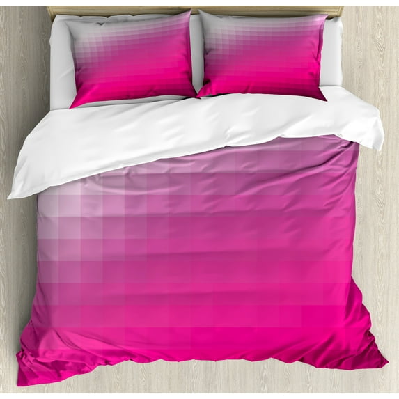 Hot Pink Duvet Cover Set, Modern Art Mosaic Tiles Gradually Ombre Inspired Squares Image, Decorative 3 Piece Bedding Set with 2 Pillow Shams, Calking Size, Dark Purple Hot Pink, by Ambesonne
