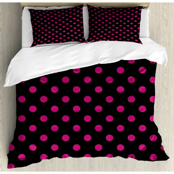 Hot Pink Duvet Cover Set, Old Fashioned Polka Dots Symmetrical Pattern in Vibrant Color Classical Pop, Decorative 3 Piece Bedding Set with 2 Pillow Shams, King Size, Black Hot Pink, by Ambesonne