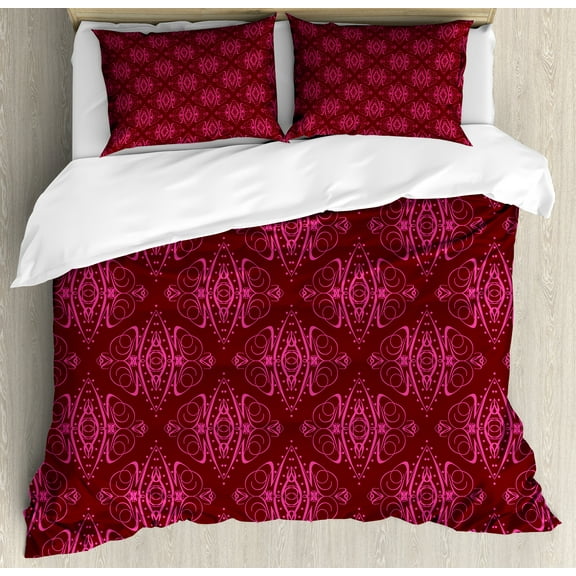 Hot Pink Duvet Cover Set, Traditional Eastern Damask Pattern over Burgundy Background Design Print, Decorative 3 Piece Bedding Set with 2 Pillow Shams, Calking Size, Burgundy Pink, by Ambesonne