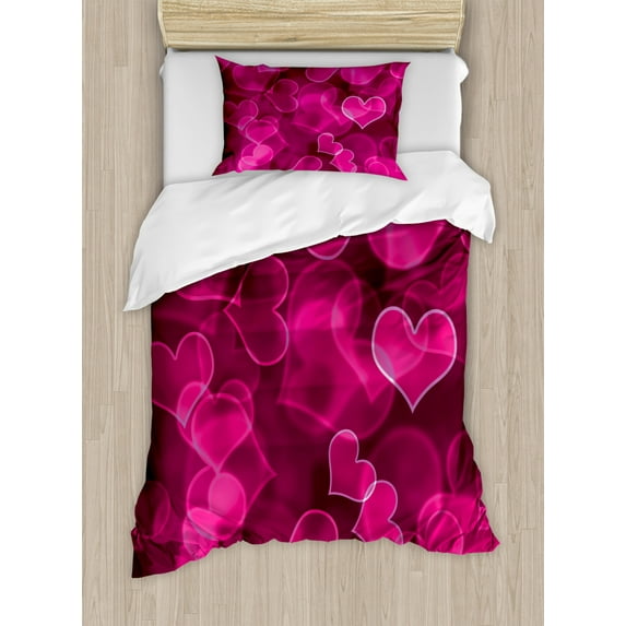 Hot Pink Duvet Cover Set Twin Size, Cute Sweet Heart Shapes on Blurry Background Romantic Valentine's Day Design, Decorative 2 Piece Bedding Set with 1 Pillow Sham, Magenta Hot Pink, by Ambesonne