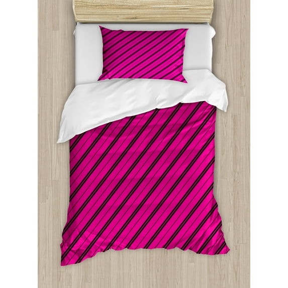 Hot Pink Duvet Cover Set Twin Size, Diagonal Lines Black Stripes on Pink Backdrop Classical Modern Tile Pattern, Decorative 2 Piece Bedding Set with 1 Pillow Sham, Hot Pink Black, by Ambesonne