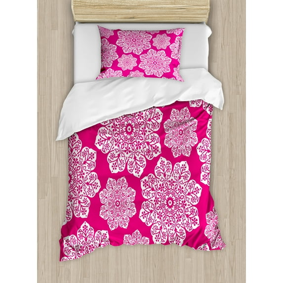 Hot Pink Duvet Cover Set, White Floral Design Ornate Mandala Inspired Round Motifs Traditional Pattern, Decorative 2 Piece Bedding Set with 1 Pillow Shams, Twin Size, Hot Pink White, by Ambesonne