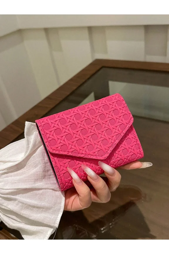 Hot Pink Embossed PU Leather Envelope Mini Bifold Wallet Compact