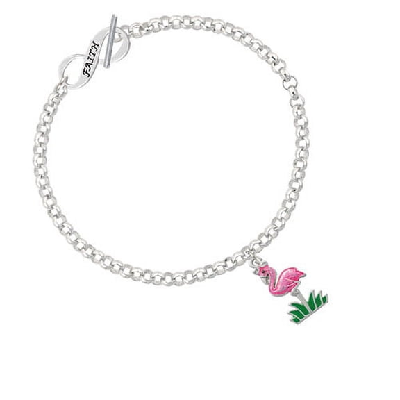Hot Pink Enamel Flamingo with Grass Faith Infinity Toggle Chain Bracelet