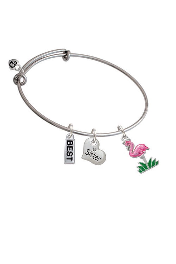 Hot Pink Enamel Flamingo with Grass Sister Heart Expandable Bangle Bracelet