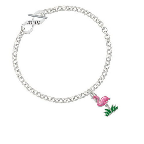 Hot Pink Enamel Flamingo with Grass Sisters Infinity Toggle Chain Bracelet