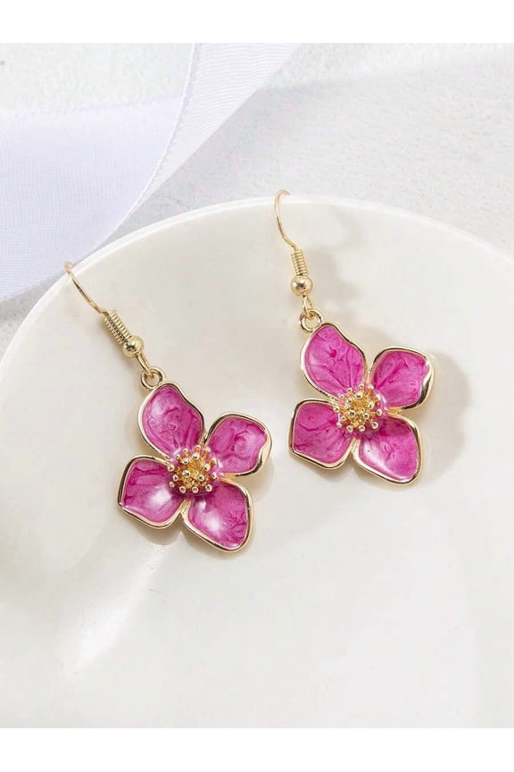 Hot Pink Enamel Floral Dangle Earrings With Goldtone Setting