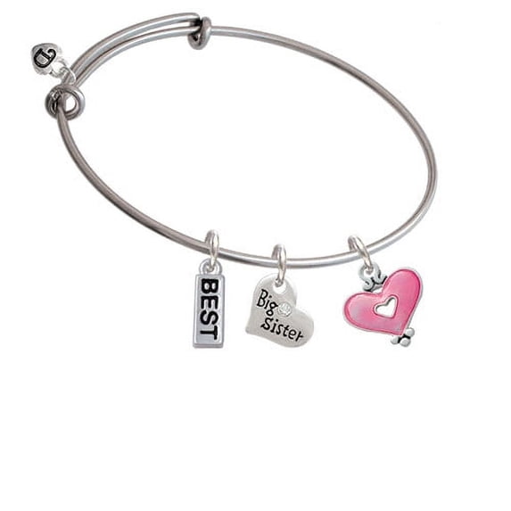 Hot Pink Enamel Heart with Cutout Big Sister Heart Expandable Bangle Bracelet