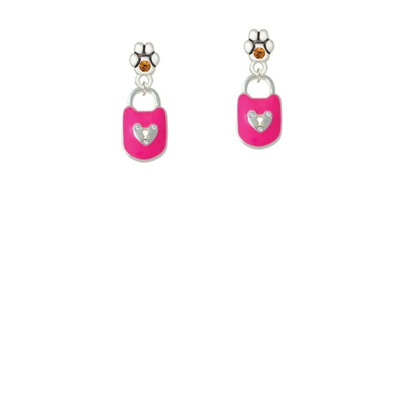 Hot Pink Enamel Lock with Clear Crystals - Yellow Crystal Paw Earrings