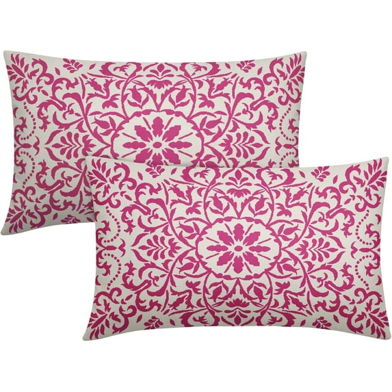 Hot Pink Ethnic Boho Pillow Covers 12 X 20 Inch Bohemian Carpet Style Vintage Flower Print Decorative Throw Pillows Outdoor Linen Lumbar Cushion Case Farmhouse Decor for Home Sofa Bed Set of 2