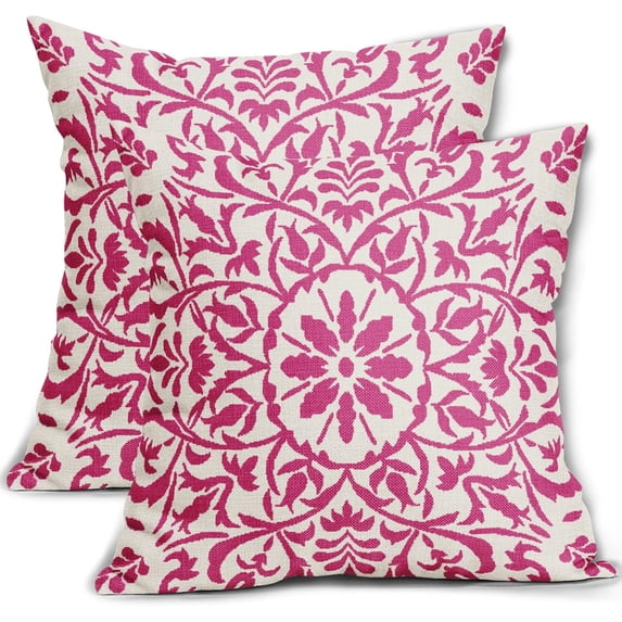 Hot Pink Ethnic Boho Pillow Covers 18 X 18 Inch Bohemian Carpet Style Vintage Flower Print Decorative Throw Pillows Outdoor Linen Square Cushion Case Farmhouse Decor for Home Sofa Bed Set of 2