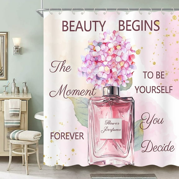 Hot Pink Fashion Shower Curtain, Perfume Flower Luxury Girly Shower Curtain Sets, Modern Women Girl Pink Floral Fabric Shower Curtain Bathroom Accessories with Hooks 60X70IN