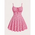 thumbnail image 1 of Hot Pink Floral Print Fit & Flare Mini Dress With Spaghetti Straps And Tie Front, 1 of 6