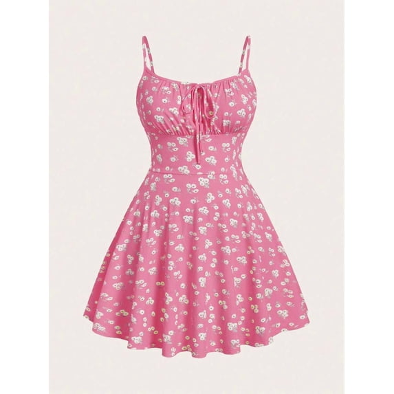 Hot Pink Floral Print Fit & Flare Mini Dress With Spaghetti Straps And Tie Front