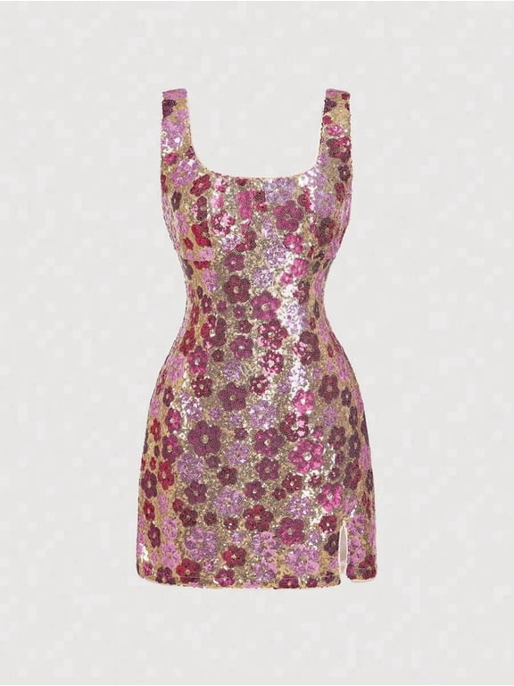 Hot Pink Floral Sequin Bodycon Mini Dress With Side Slit