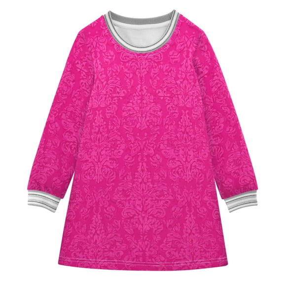 Hot Pink Flower Patterns Long-sleeved Dress A-line One-Piece Dress for 2-8 Years Casual Party 3T