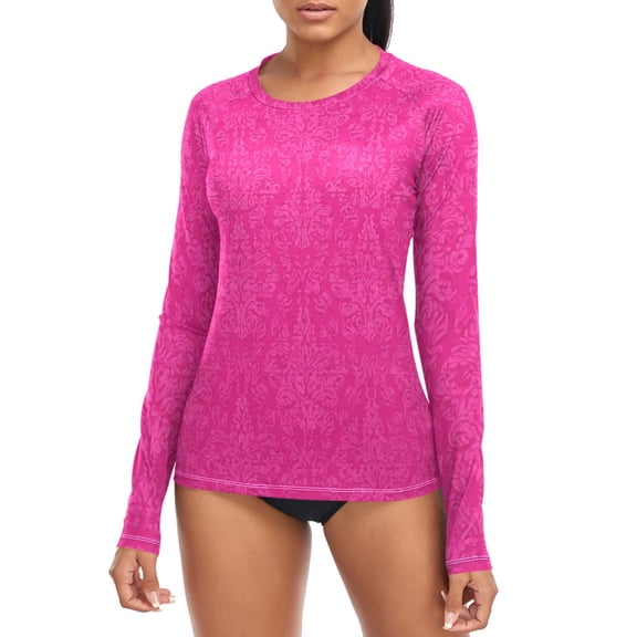Hot Pink Flower Patterns Women's Rash Guard Shirts UPF 50+ Sun Protection Clothing Long Sleeve Swim Suits M