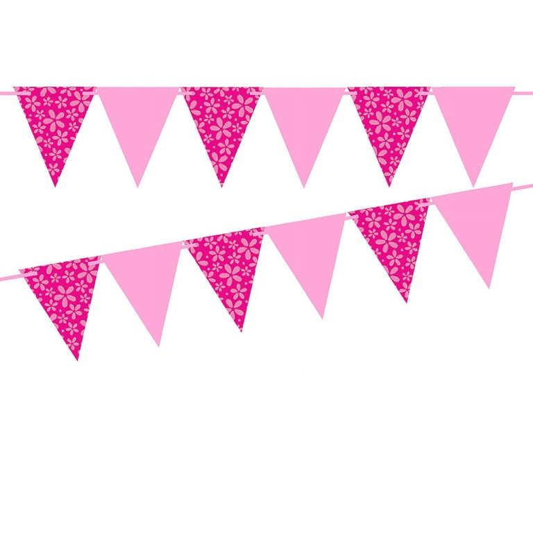 Hot Pink Flower/Solid Pink 10ft Vintage Pennant Banner Paper Triangle  Bunting Flags for Weddings, Birthdays, Baby Showers, Events & Parties 