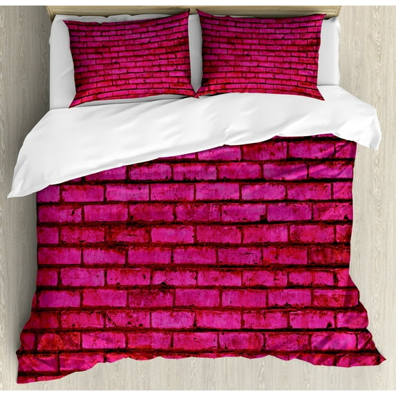 Hot Pink Fuchsia Duvet Cover Set, Abstract Grunge Brick Wall Simplicity in Feminine Colors, Decorative 3 Piece Bedding Set with 2 Pillow Shams, Calking Size, Magenta Hot Pink, by Ambesonne