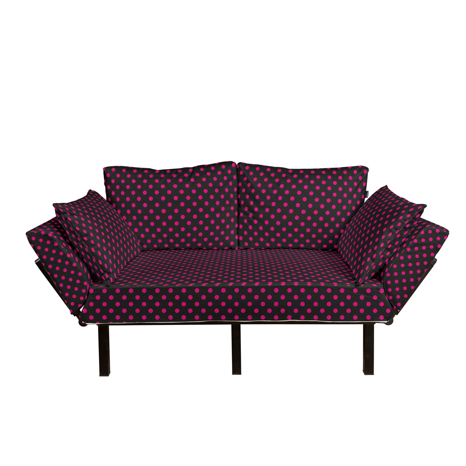 Hot Pink Futon Couch, Old Fashioned Polka Dots Symmetrical Pattern in Vibrant Color Classical Pop, Daybed with Metal Frame Upholstered Sofa for Living Dorm, Loveseat, Black Hot Pink, by Ambesonne