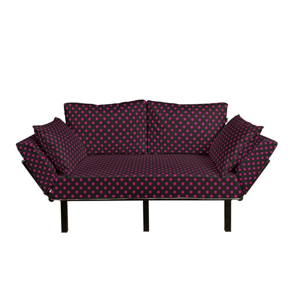 Hot Pink Futon Couch, Old Fashioned Polka Dots Symmetrical Pattern in Vibrant Color Classical Pop, Daybed with Metal Frame Upholstered Sofa for Living Dorm, Loveseat, Black Hot Pink, by Ambesonne