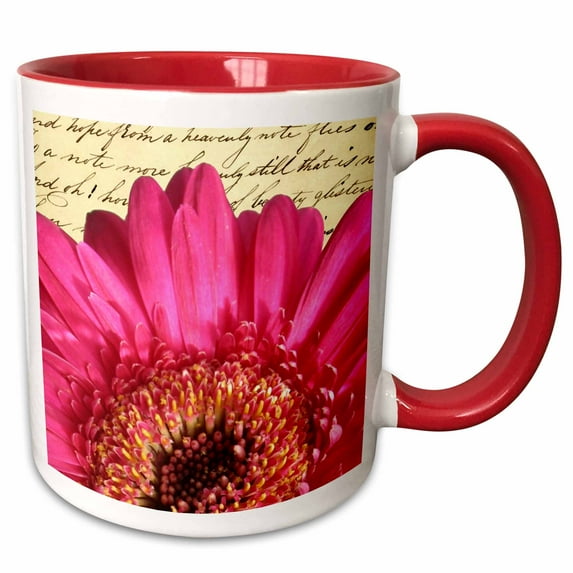 3drose, Hot Pink Gerbera Flower Closeup - Girly Macro Floral Photography - Romantic Handwriting Background, 15oz Two-tone Red Mug