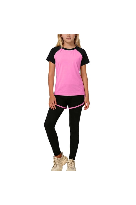 Hot Pink Girls 3 Piece Active Set Raglan Tee with Fake-Two Shorts & Leggings Moisture Wicking Outfits for School PE & Soccer Sizes 4-14,Size 7-8T