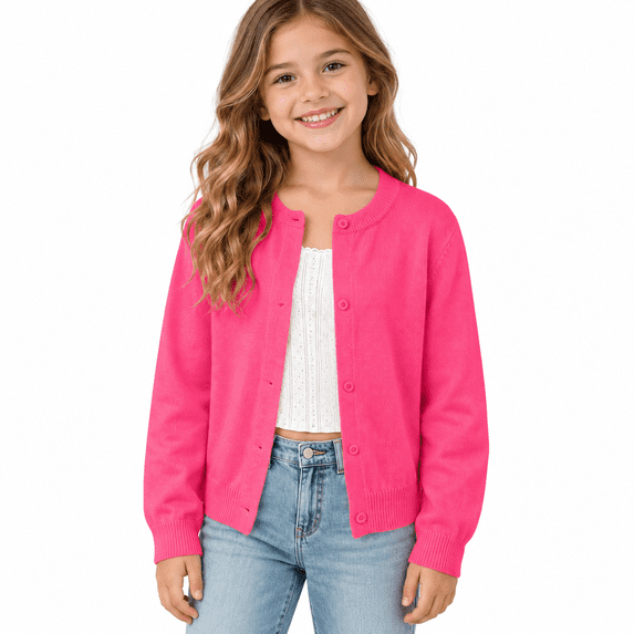 Hot Pink Girls Button Front Cardigan Sweater Size 6-7 Years, Long Sleeve Crew Neck Knit Jacket for School Uniform, Casual Layering Fall Spring Everyday Wear