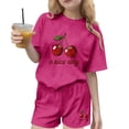 thumbnail image 1 of Hot Pink Girls Cherry Print 2 Piece Outfit Short Sleeve T-Shirt and Shorts Set Summer Clothes for Kids Polyester Sizes 4-14,Size 9-10T, 1 of 6