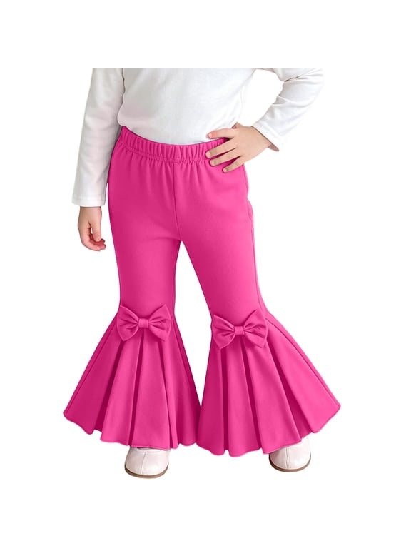 Hot Pink Girls Flare Bell-Bottom Pants with Bow, Cotton Elastic Waist, Kids Size 2-6,Size 6 T